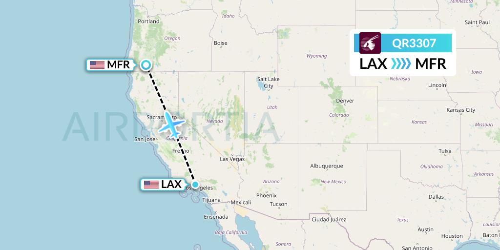 QR3307 Qatar Airways Flight Map: Los Angeles to Medford