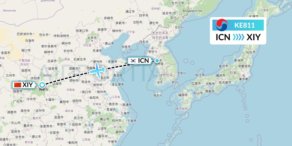 KE811 Korean Air Flight Map: Seoul to Xi'an