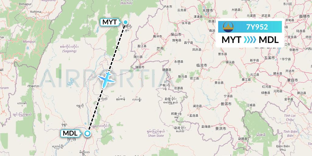 7Y952 Mann Yadanarpon Airlines Flight Map: Myitkyina to Mandalay