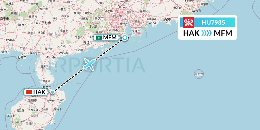 HU7935 Hainan Airlines Flight Map: Haikou to Macau