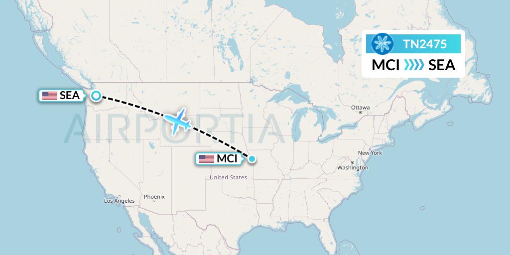 TN2475 Air Tahiti Nui Flight Map: Kansas City to Seattle