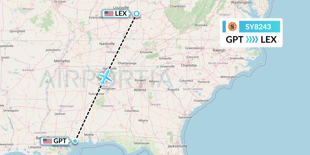 SY8243 Sun Country Airlines Flight Map: Gulfport to Lexington