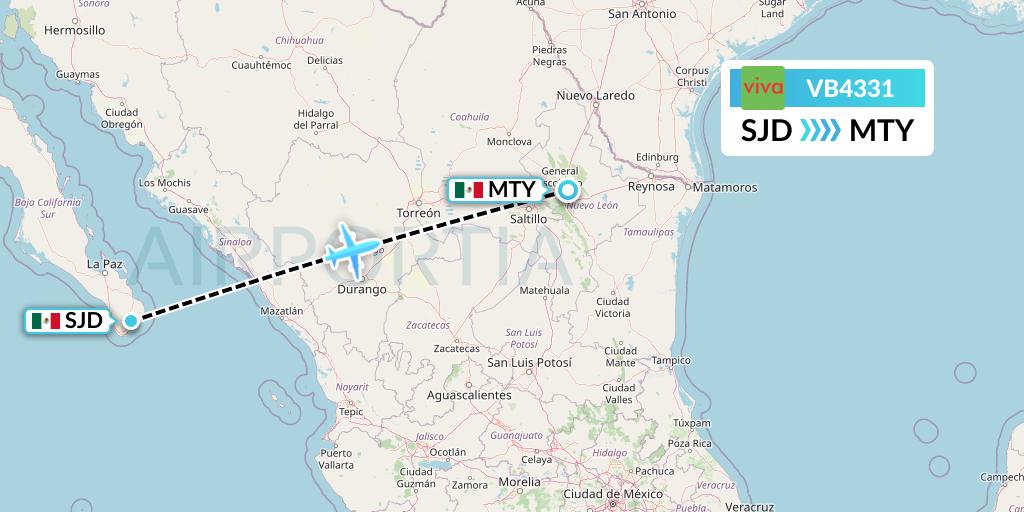VB4331 VivaAerobus Flight Map: San Jose del Cabo to Monterrey