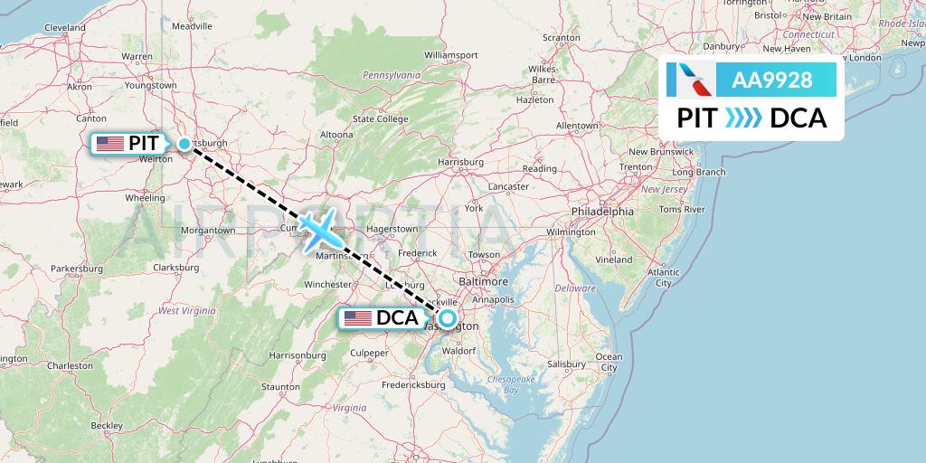 AA9928 American Airlines Flight Map: Pittsburgh to Washington
