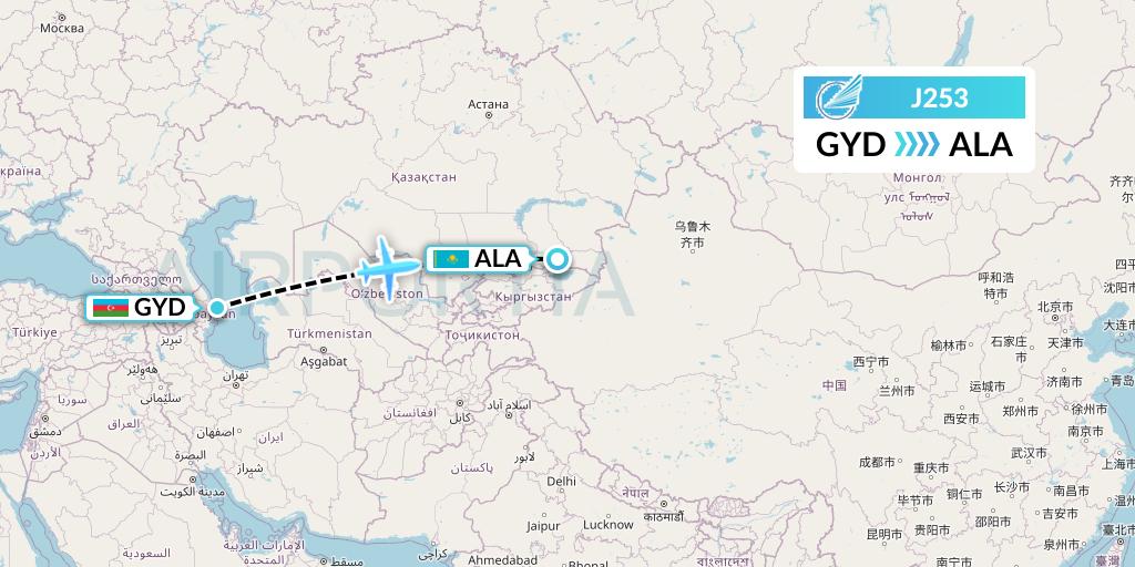J253 Azerbaijan Airlines Flight Map: Baku to Almaty