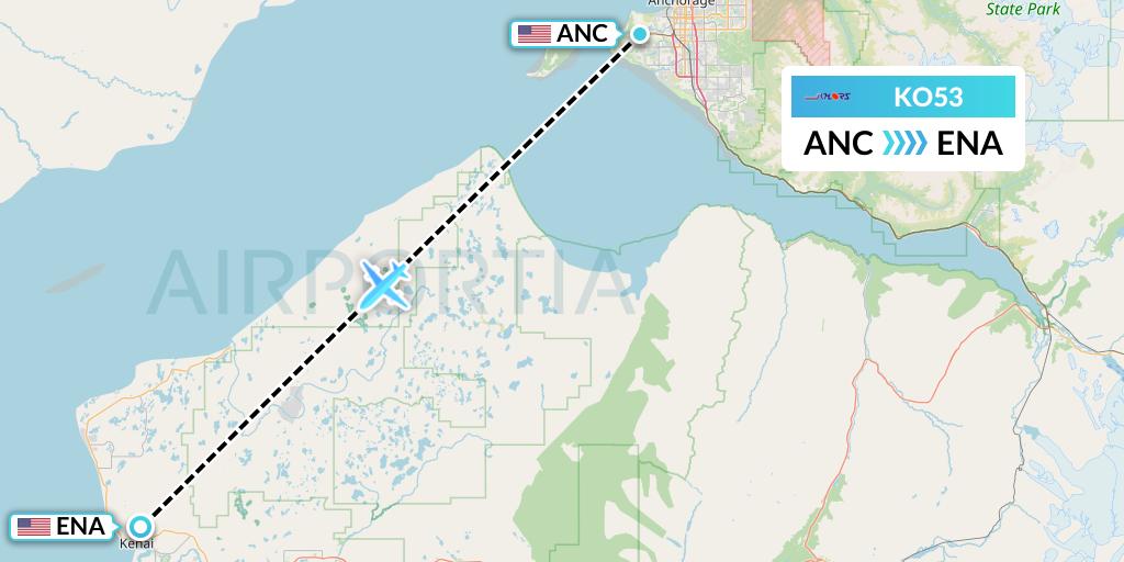 KO53 Komiaviatrans Flight Map: Anchorage to Kenai
