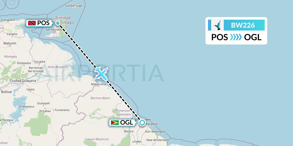 BW226 Caribbean Airlines Flight Map: Port of Spain to Georgetown