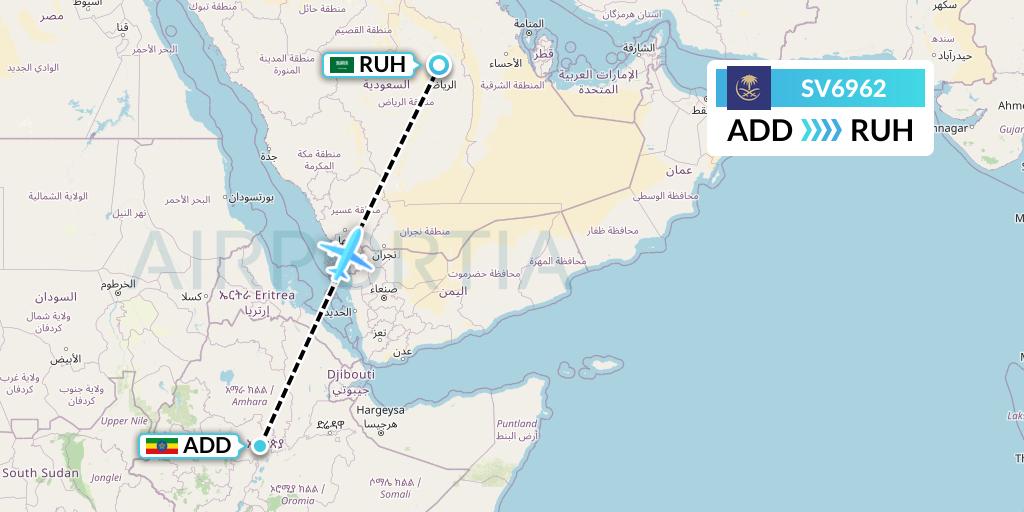 SV6962 Saudi Arabian Airlines Flight Map: Addis Ababa to Riyadh