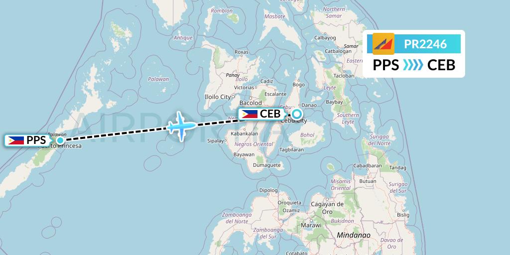 PR2246 Philippine Airlines Flight Map: Puerto Princesa City to Cebu