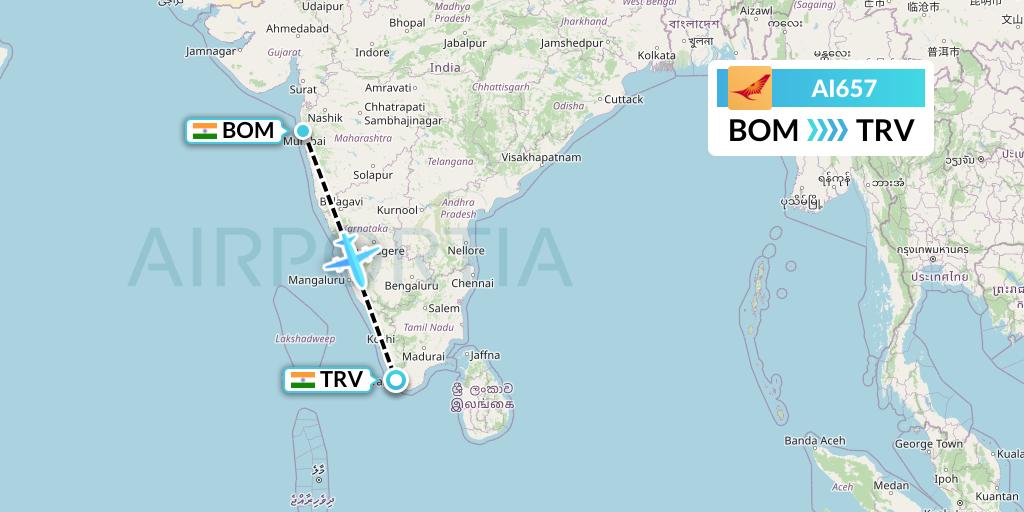 AI657 Air India Flight Map: Mumbai to Thiruvananthapuram