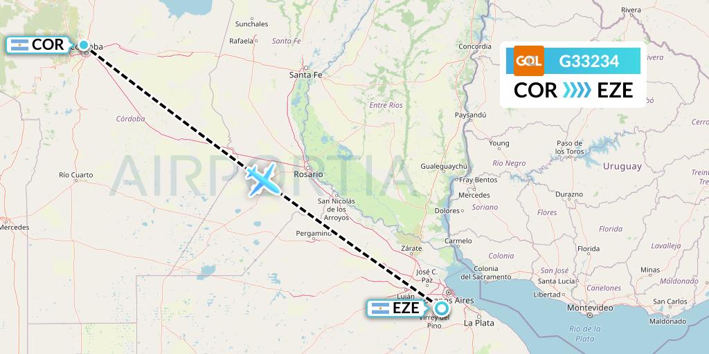 G33234 GOL Transportes Aeros Flight Map: Cordoba to Buenos Aires