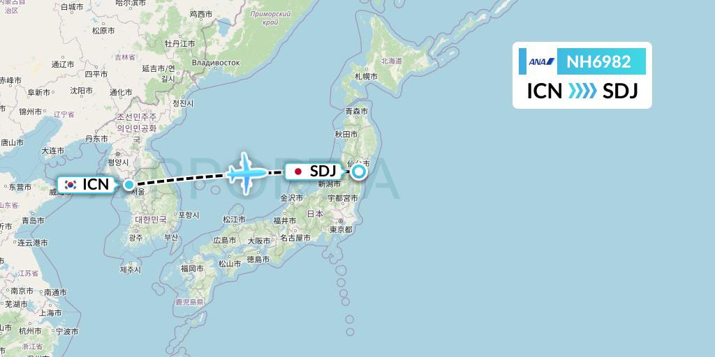 NH6982 All Nippon Airways Flight Map: Seoul to Sendai