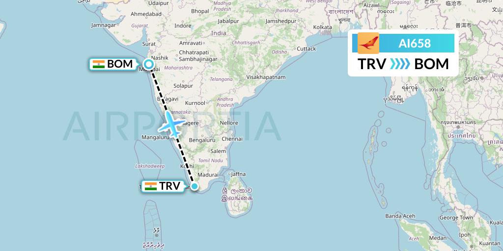 AI658 Air India Flight Map: Thiruvananthapuram to Mumbai