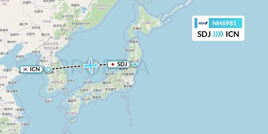 NH6981 All Nippon Airways Flight Map: Sendai to Seoul