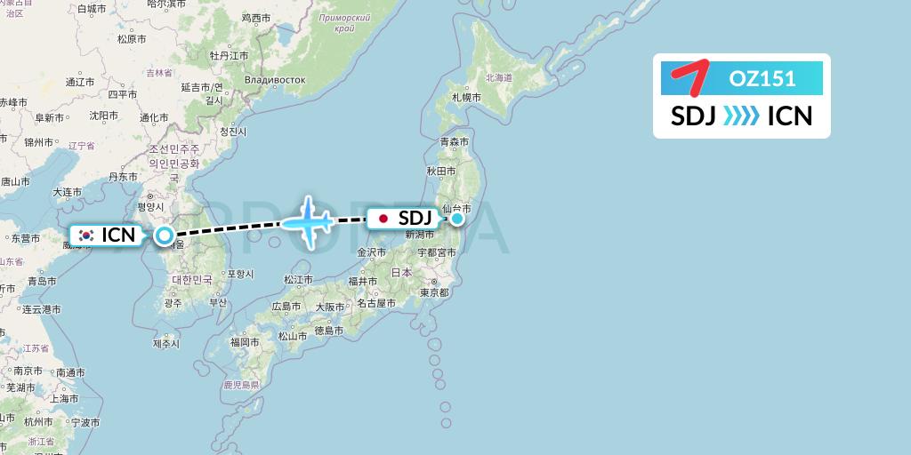 OZ151 Asiana Airlines Flight Map: Sendai to Seoul