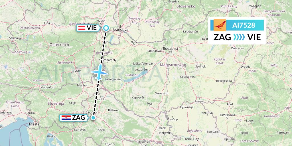AI7528 Air India Flight Map: Zagreb to Vienna