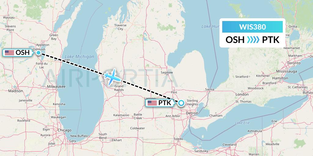 WIS380 Paccair Flight Map: Oshkosh to Oakland County