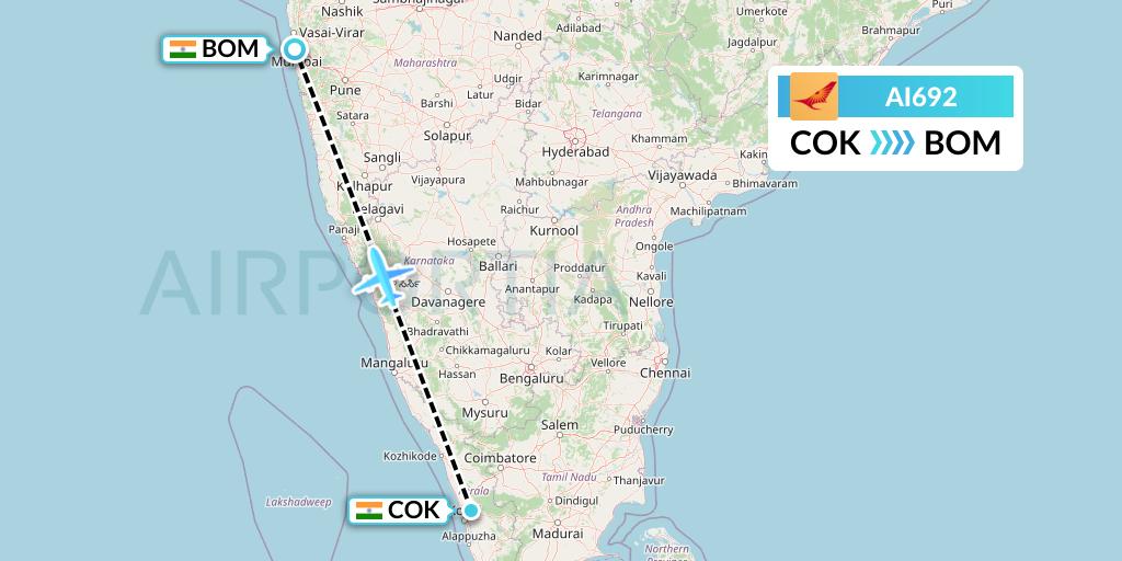 AI692 Air India Flight Map: Cochin to Mumbai
