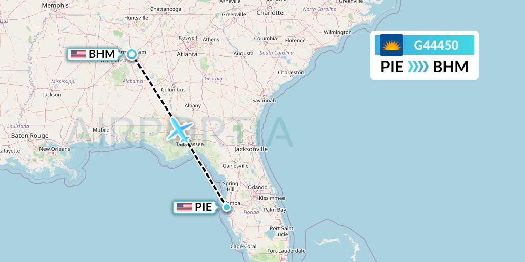 G44450 Allegiant Air Flight Map: St. Petersburg to Birmingham