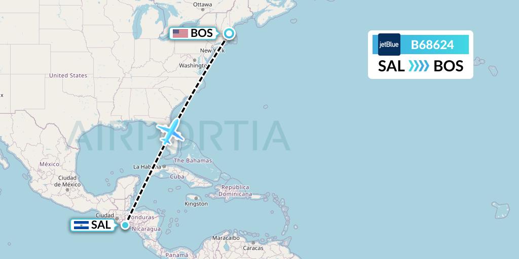 B68624 JetBlue Airways Flight Map: San Salvador to Boston
