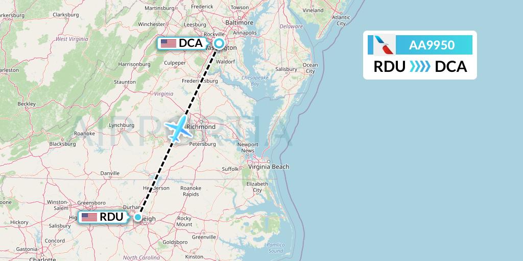 AA9950 American Airlines Flight Map: Raleigh-Durham to Washington