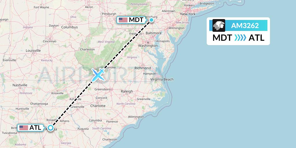 AM3262 Aeromexico Flight Map: Harrisburg to Atlanta