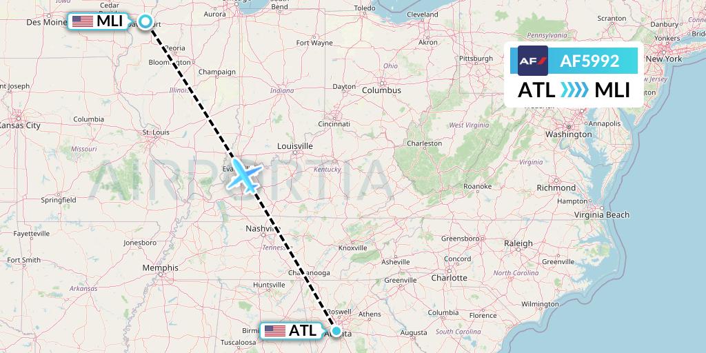 AF5992 Air France Flight Map: Atlanta to Moline