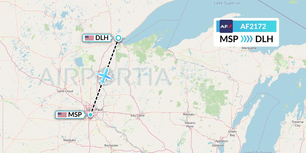 AF2172 Air France Flight Map: Minneapolis to Duluth