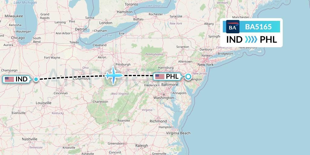 BA5165 British Airways Flight Map: Indianapolis to Philadelphia