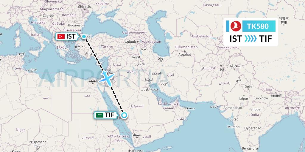 TK580 Turkish Airlines Flight Map: Istanbul to Taif