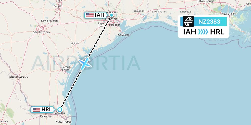 NZ2383 Air New Zealand Flight Map: Houston to Harlingen