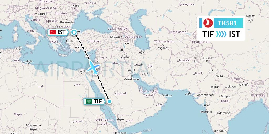 TK581 Turkish Airlines Flight Map: Taif to Istanbul