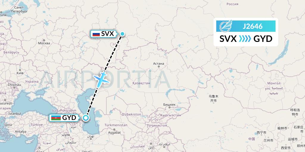 J2646 Azerbaijan Airlines Flight Map: Yekaterinburg to Baku