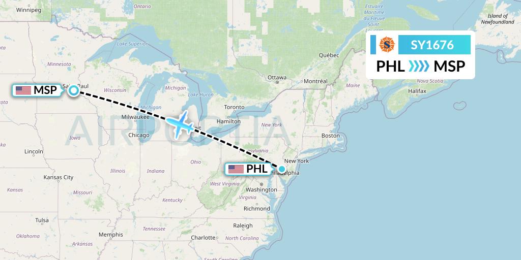 SY1676 Sun Country Airlines Flight Map: Philadelphia to Minneapolis