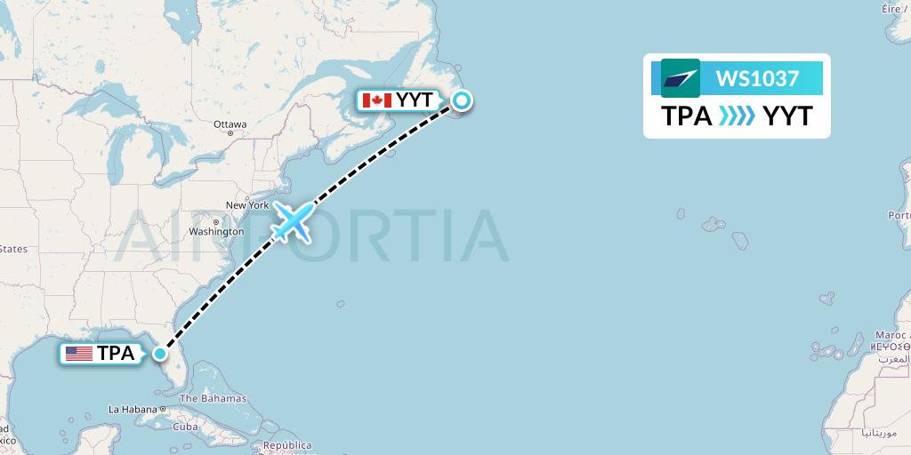 WS1037 WestJet Flight Map: Tampa to St. John's
