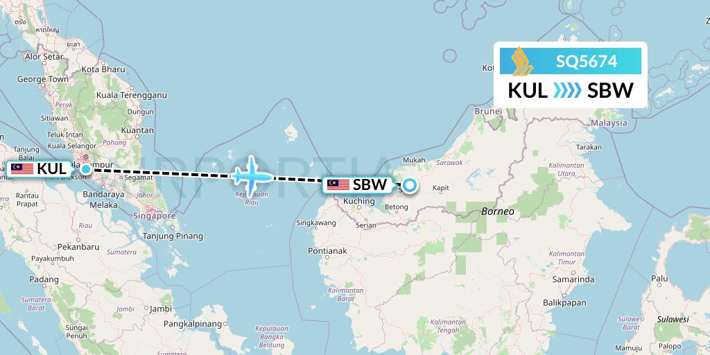 SQ5674 Singapore Airlines Flight Map: Kuala Lumpur to Sibu