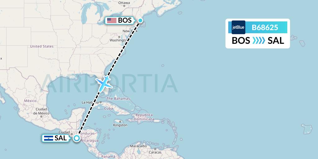 B68625 JetBlue Airways Flight Map: Boston to San Salvador