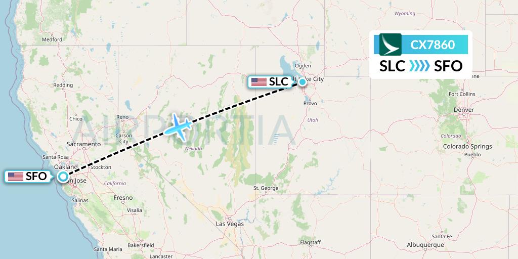 CX7860 Cathay Pacific Flight Map: Salt Lake City to San Francisco