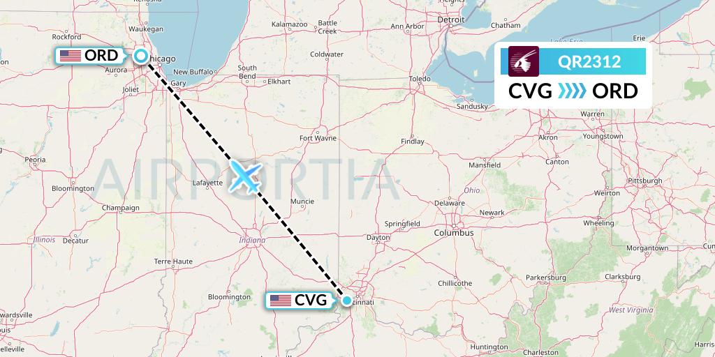 QR2312 Qatar Airways Flight Map: Cincinnati to Chicago