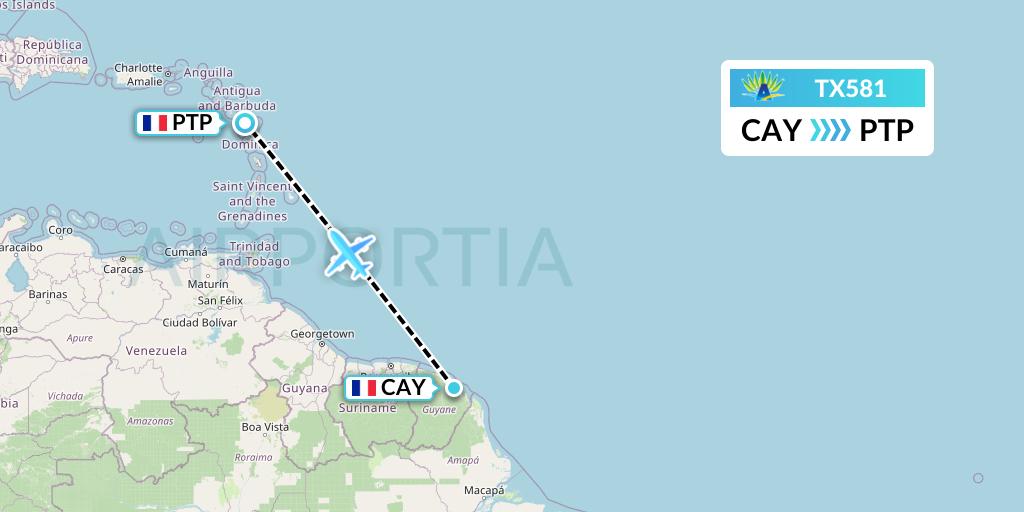 TX581 Air Caraibes Flight Map: Cayenne to Pointe-a-Pitre