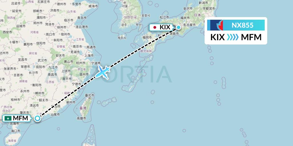 NX855 Air Macau Flight Map: Osaka to Macau