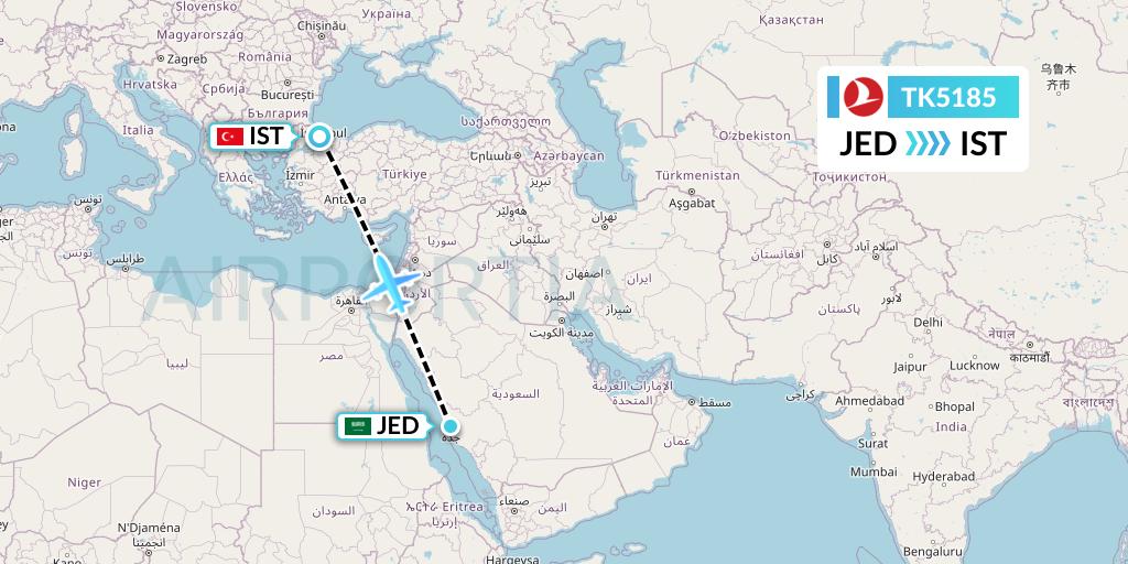 TK5185 Turkish Airlines Flight Map: Jeddah to Istanbul