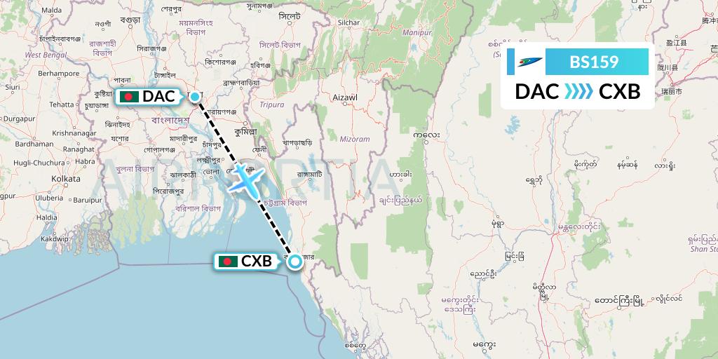 BS159 US-Bangla Airlines Flight Map: Dhaka to Cox's Bazar