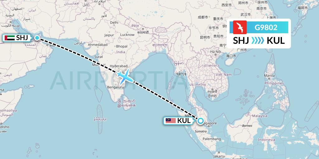 G9802 Air Arabia Flight Map: Sharjah to Kuala Lumpur