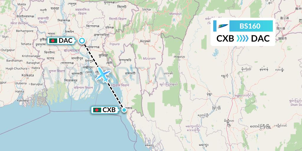BS160 US-Bangla Airlines Flight Map: Cox's Bazar to Dhaka