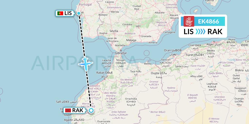 EK4866 Emirates Flight Map: Lisbon to Marrakesh