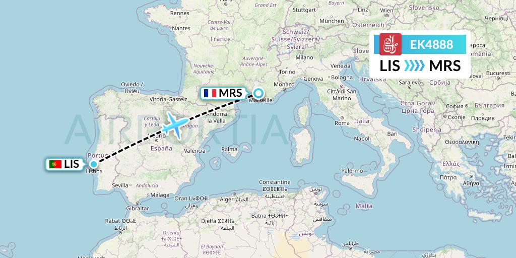 EK4888 Emirates Flight Map: Lisbon to Marseille