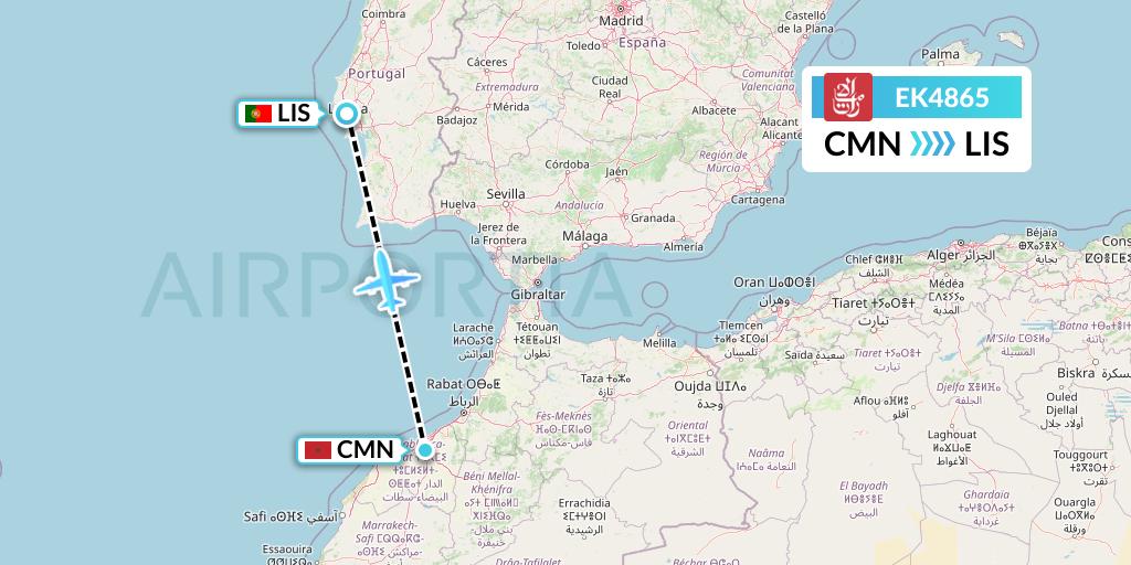 EK4865 Emirates Flight Map: Casablanca to Lisbon