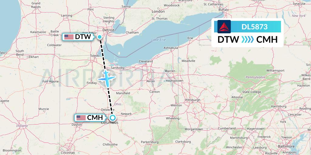 DL5873 Delta Air Lines Flight Map: Detroit to Columbus