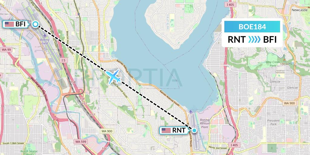 BOE184 Boeing Flight Map: Renton to Seattle
